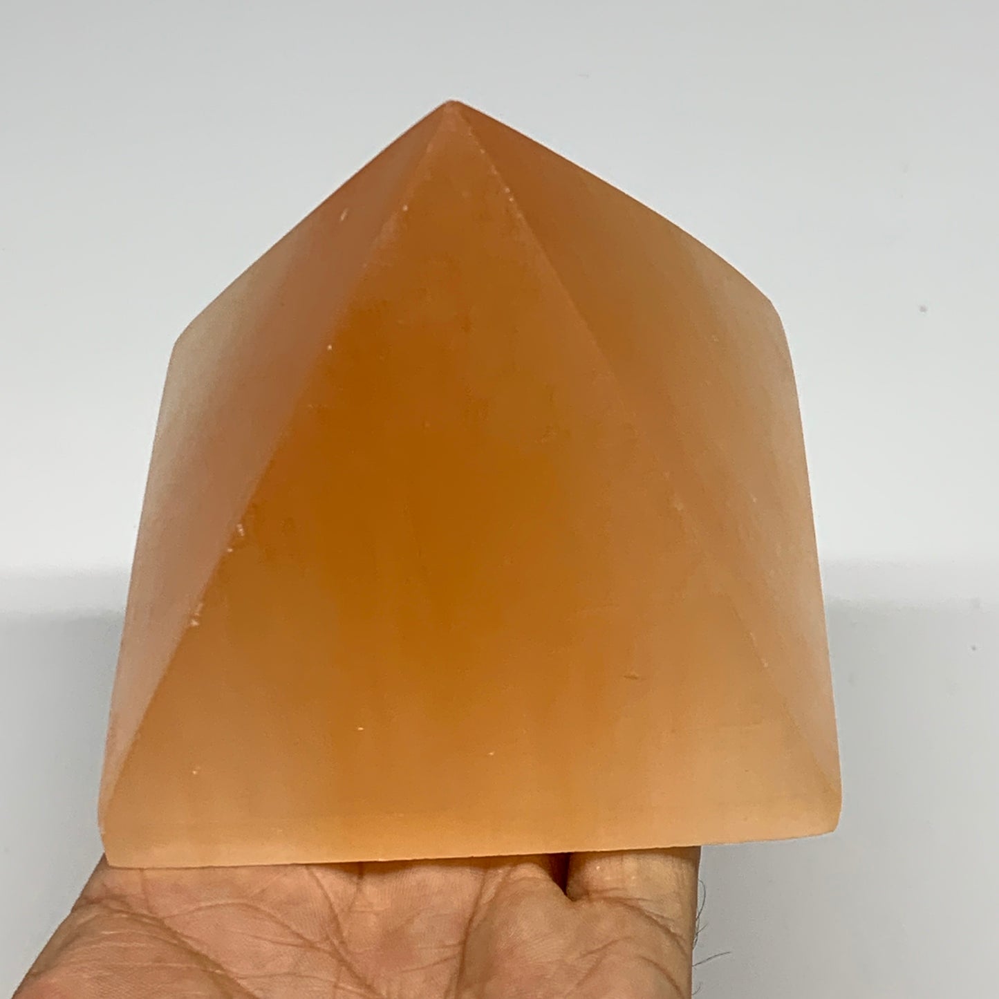 608g, 2.9"x3.6" Orange Selenite/Satin Spar Pyramid Crystal @Morocco, B24200