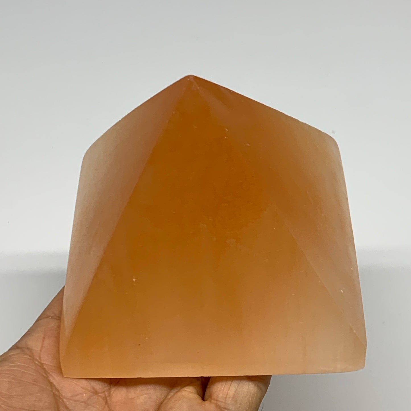 608g, 2.9"x3.6" Orange Selenite/Satin Spar Pyramid Crystal @Morocco, B24200