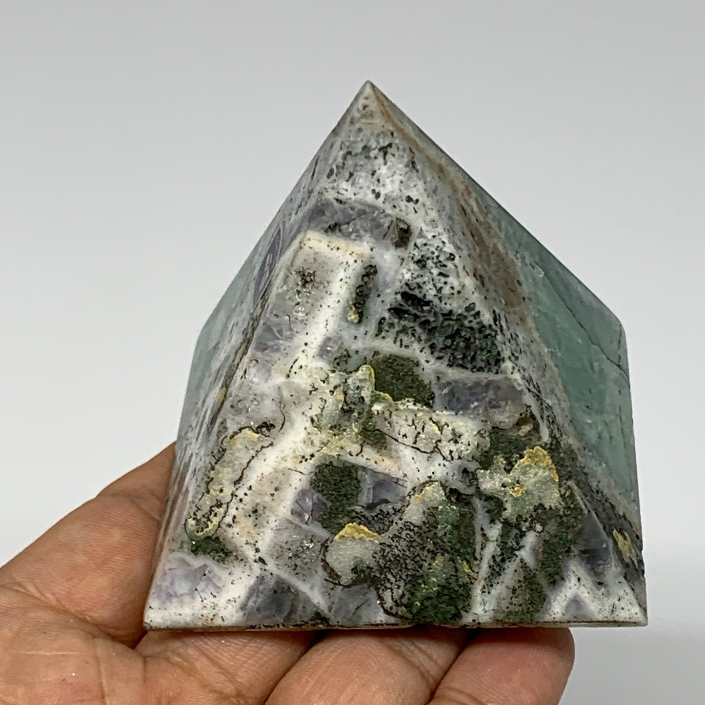 229.2g, 2.4"x2.4"x2.5" Natural Green Fluorite Pyramid Crystal Gemstone @Mexico,