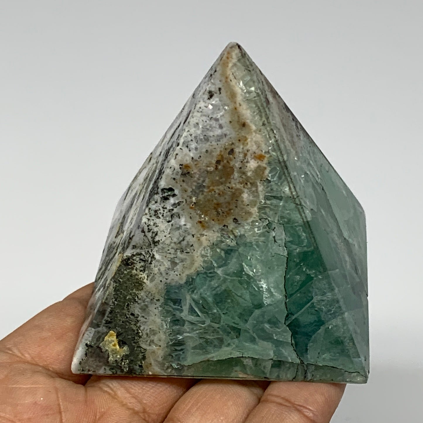 229.2g, 2.4"x2.4"x2.5" Natural Green Fluorite Pyramid Crystal Gemstone @Mexico,