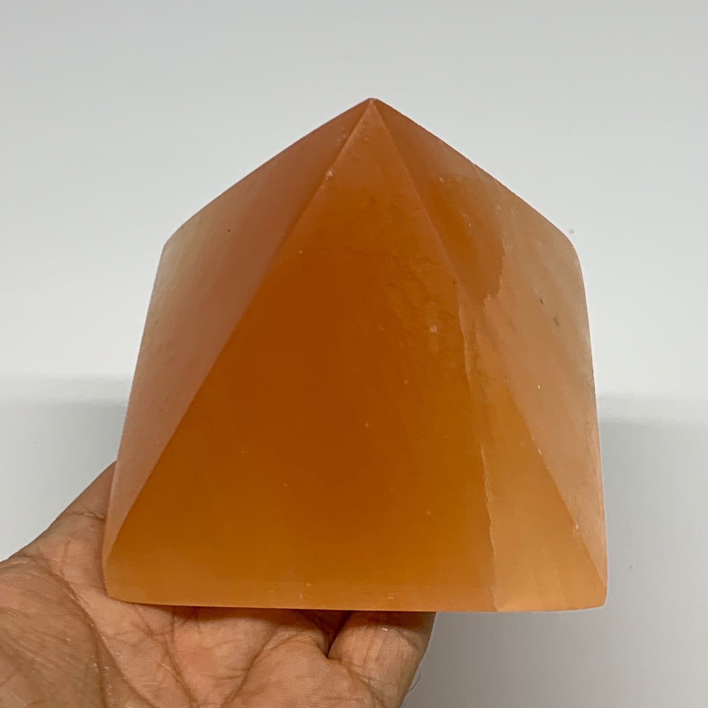 660g, 3"x3.8" Orange Selenite/Satin Spar Pyramid Crystal @Morocco, B24202