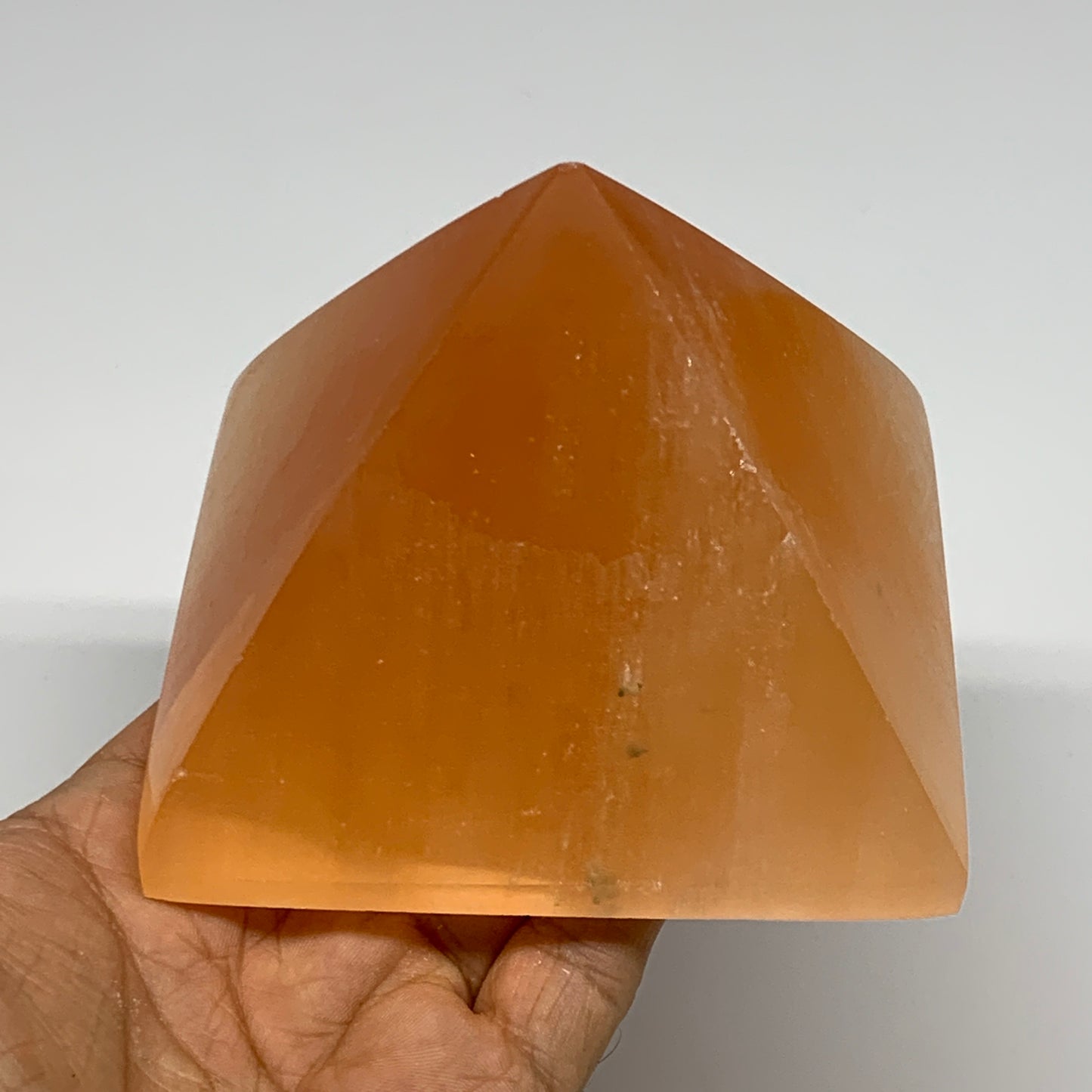 660g, 3"x3.8" Orange Selenite/Satin Spar Pyramid Crystal @Morocco, B24202