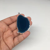 93cts, 2.8"x1.4" Blue Agate Druzy Geode Pendant Silver Plated @Brazil, Bp1257
