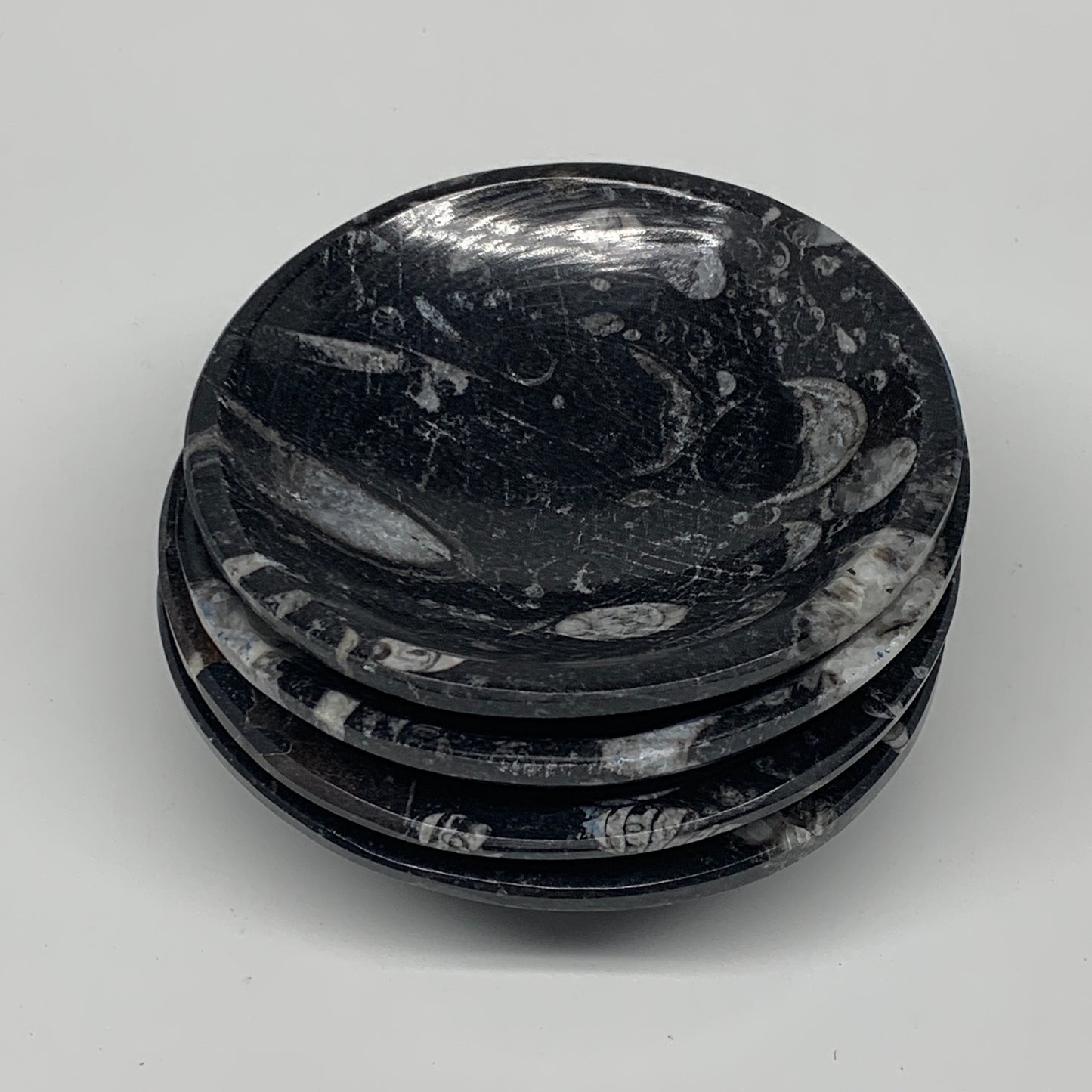 836g, 4pcs, 4.3" Small Fossils Ammonite Orthoceras Bowl Round Shape, B8868