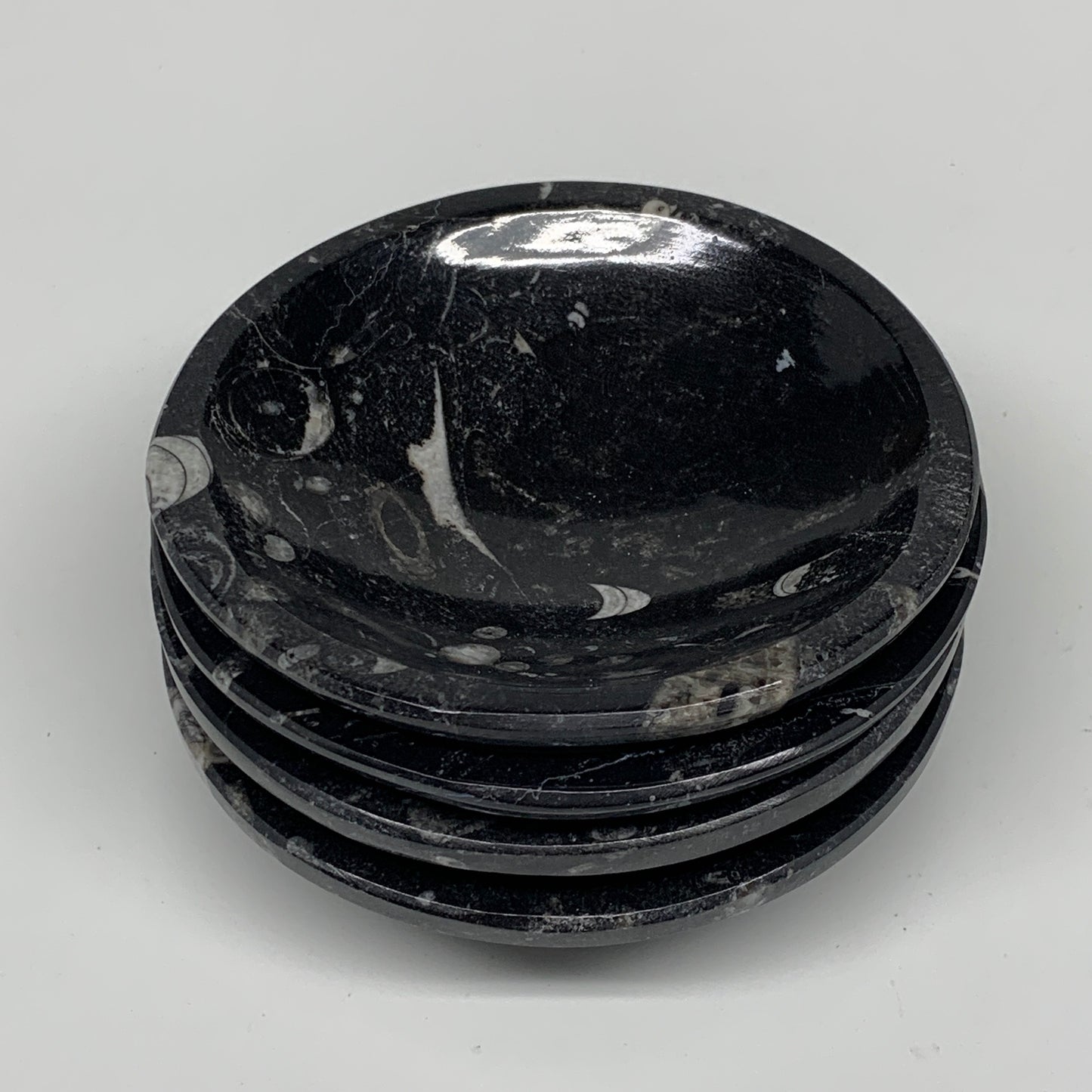 834g, 4pcs, 4.3" Small Fossils Ammonite Orthoceras Bowl Round Shape, B8874