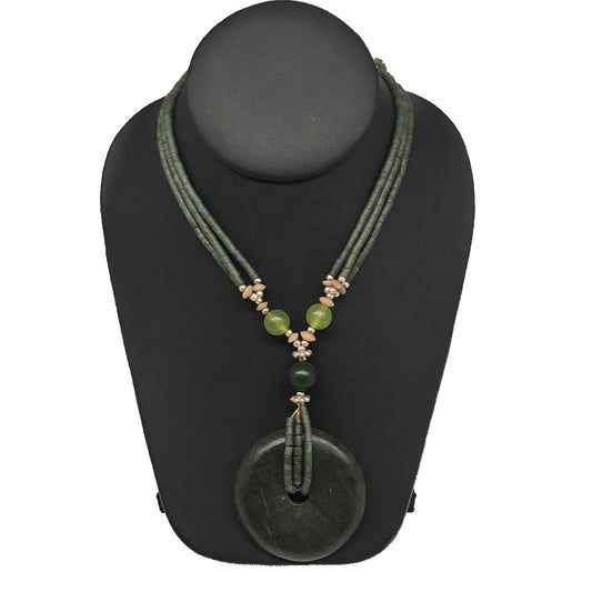 1pc, Double-Strands Donut Green Nephrite Jade Beaded Pendant Necklace,27" NPH37 - watangem.com
