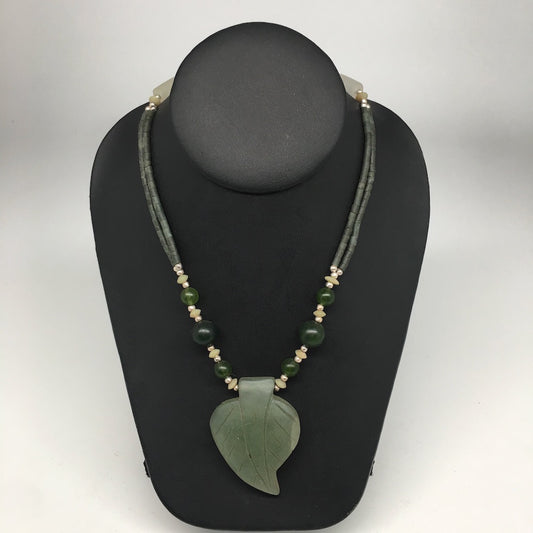1pc, Double-Strands Green Nephrite Jade Beaded Necklace @Afghanistan,24" NPH39 - watangem.com