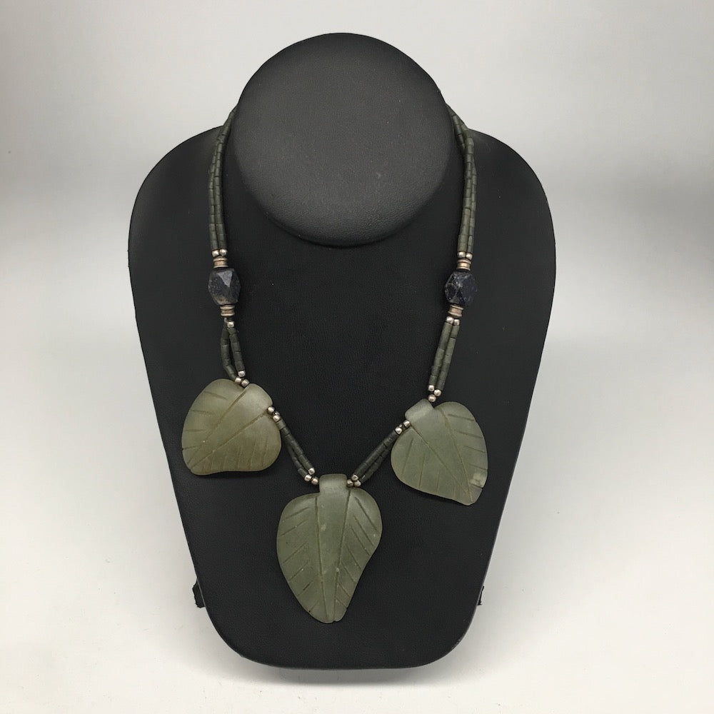3 Pendants Green Serpentine Beaded Necklace @Afghanistan,18", Handmade, NPH45