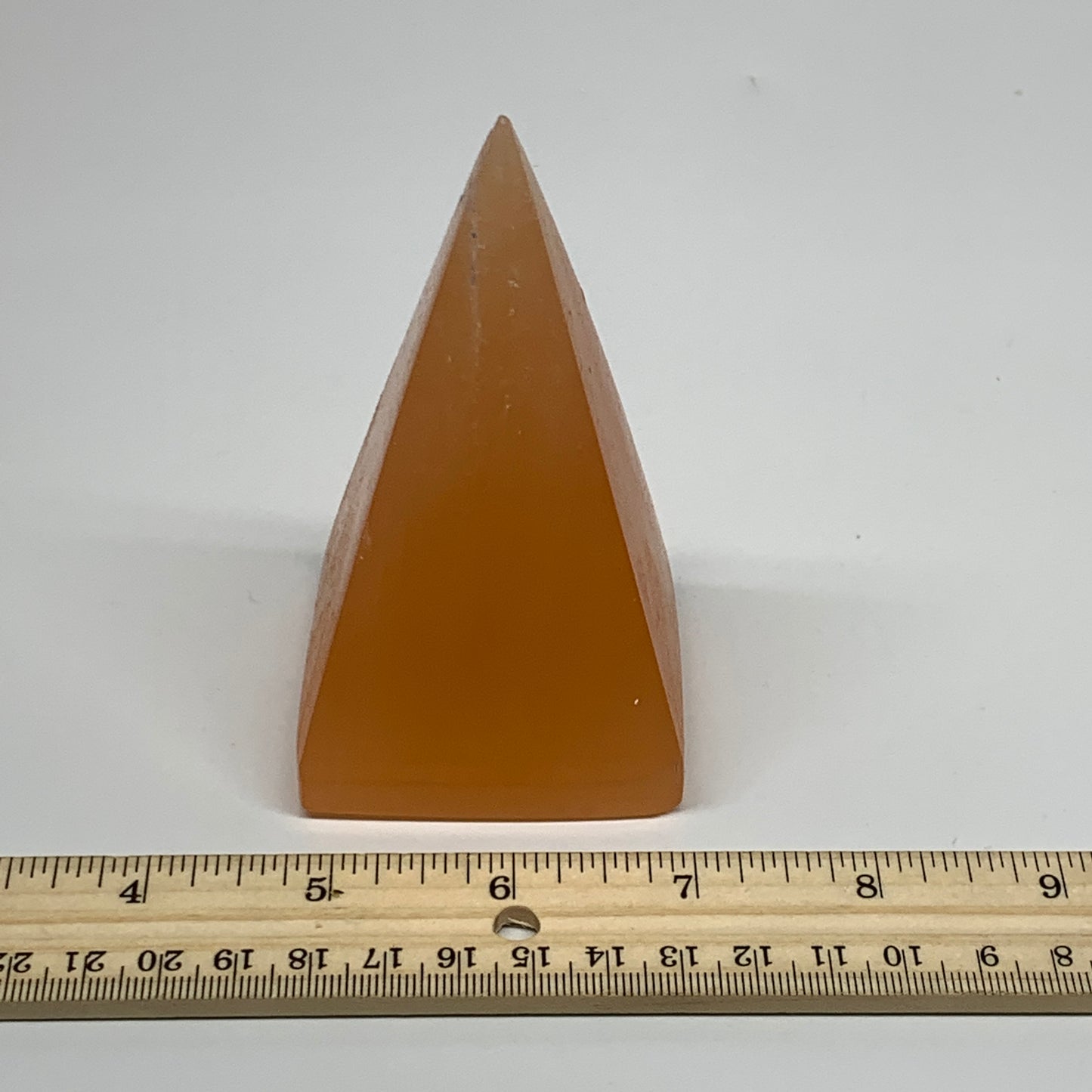 283g, 4"x2.2" Orange Selenite/Satin Spar Pyramid Crystal @Morocco, B24219