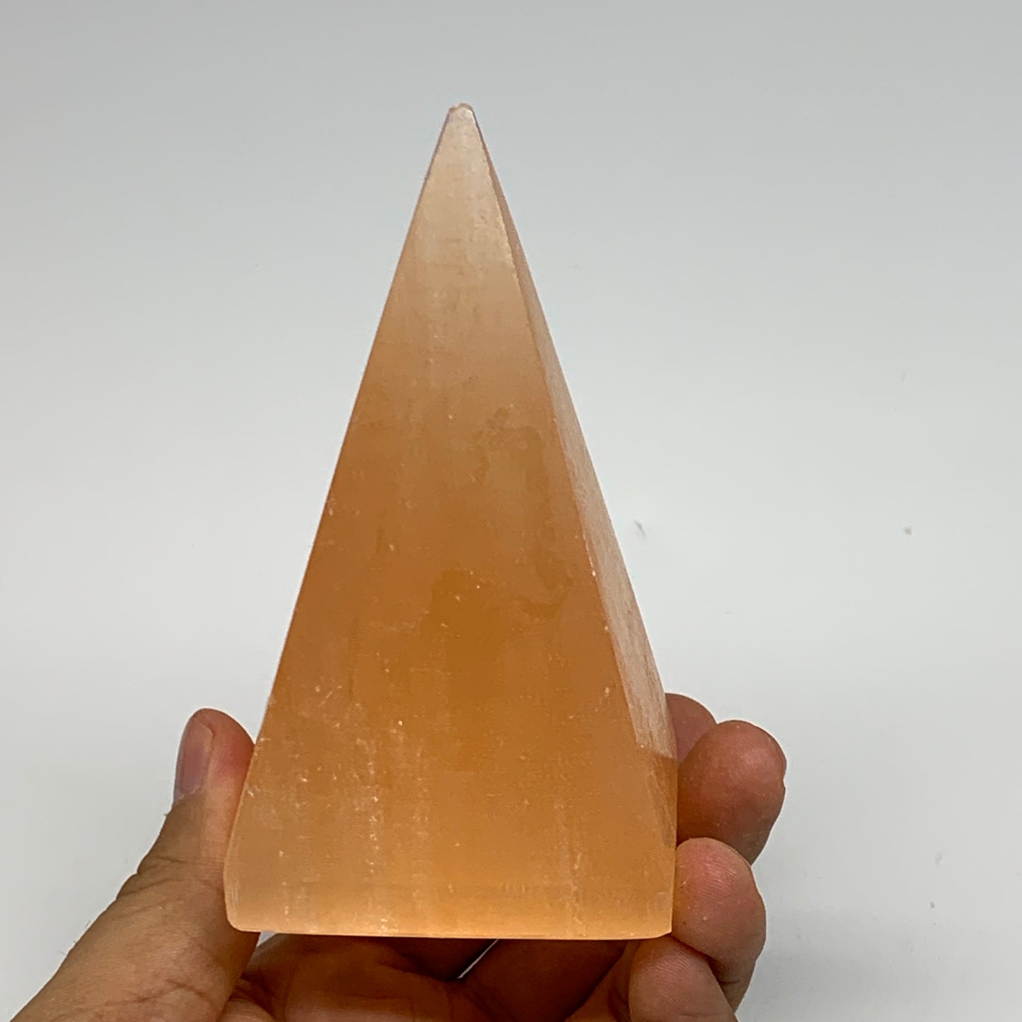 300g, 4.1"x2.3"  Orange Selenite/Satin Spar Pyramid Crystal @Morocco, B24220