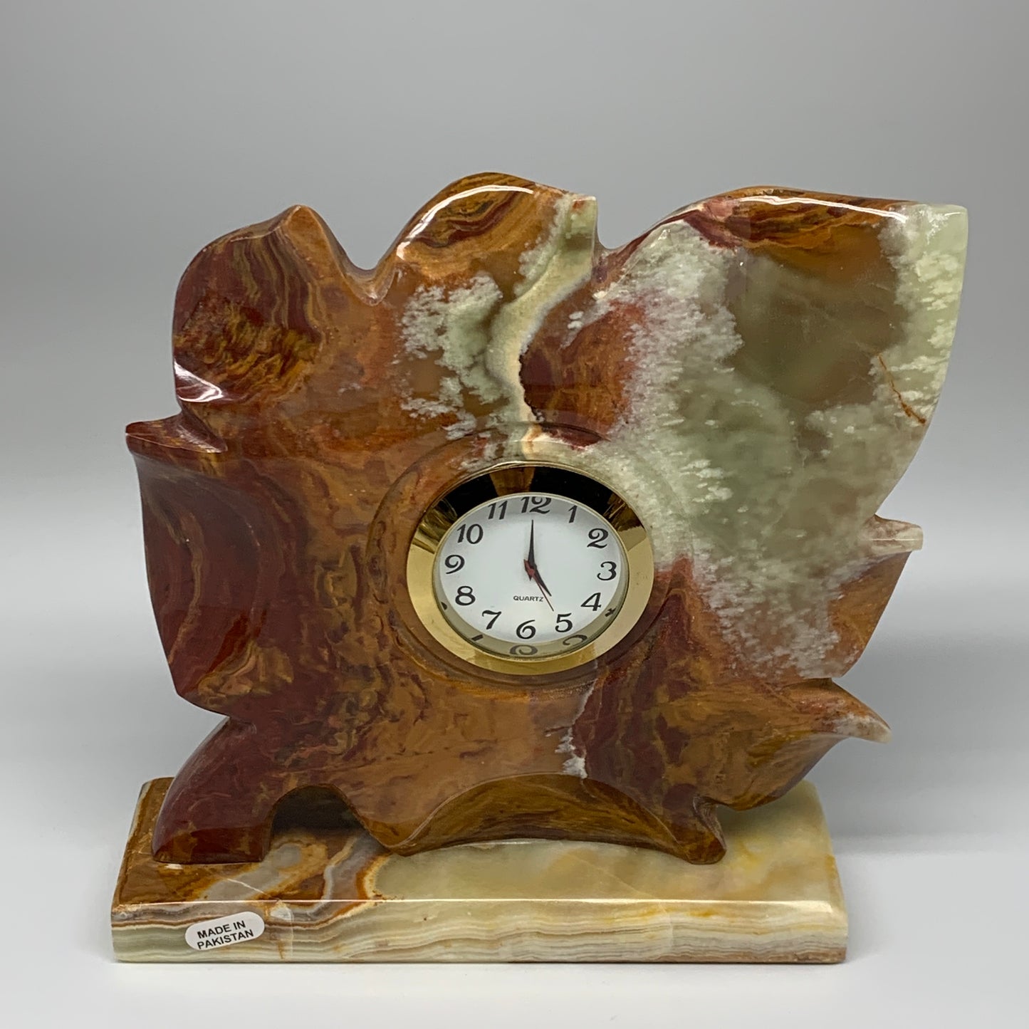 1234g, 6.5"x6.5" Green Onyx Leaf Clock Gemstone from Pakistan, B7816