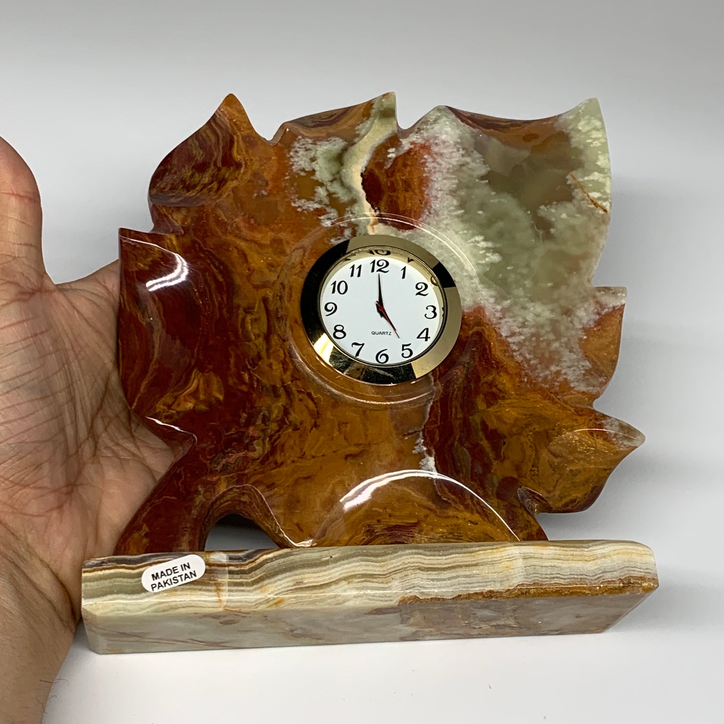 1234g, 6.5"x6.5" Green Onyx Leaf Clock Gemstone from Pakistan, B7816