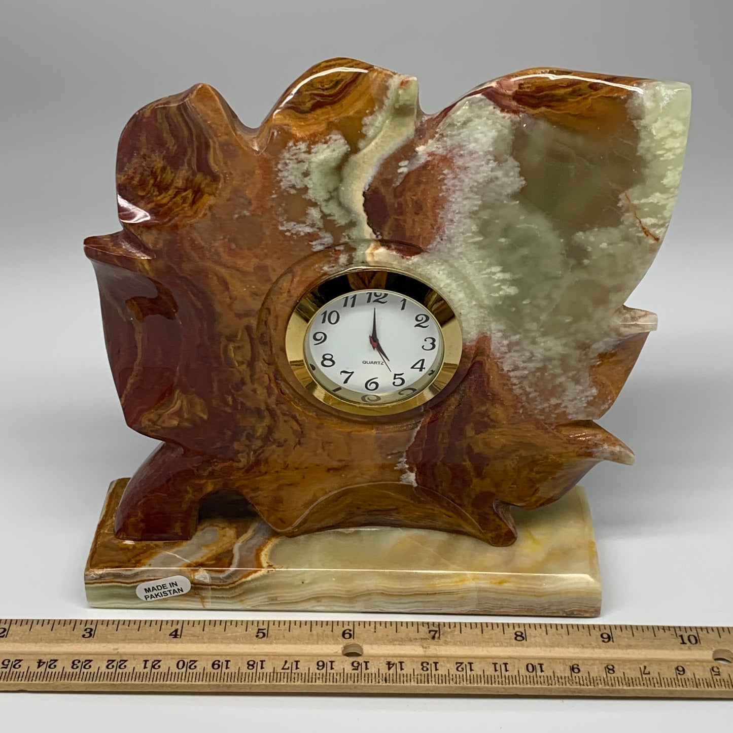 1234g, 6.5"x6.5" Green Onyx Leaf Clock Gemstone from Pakistan, B7816