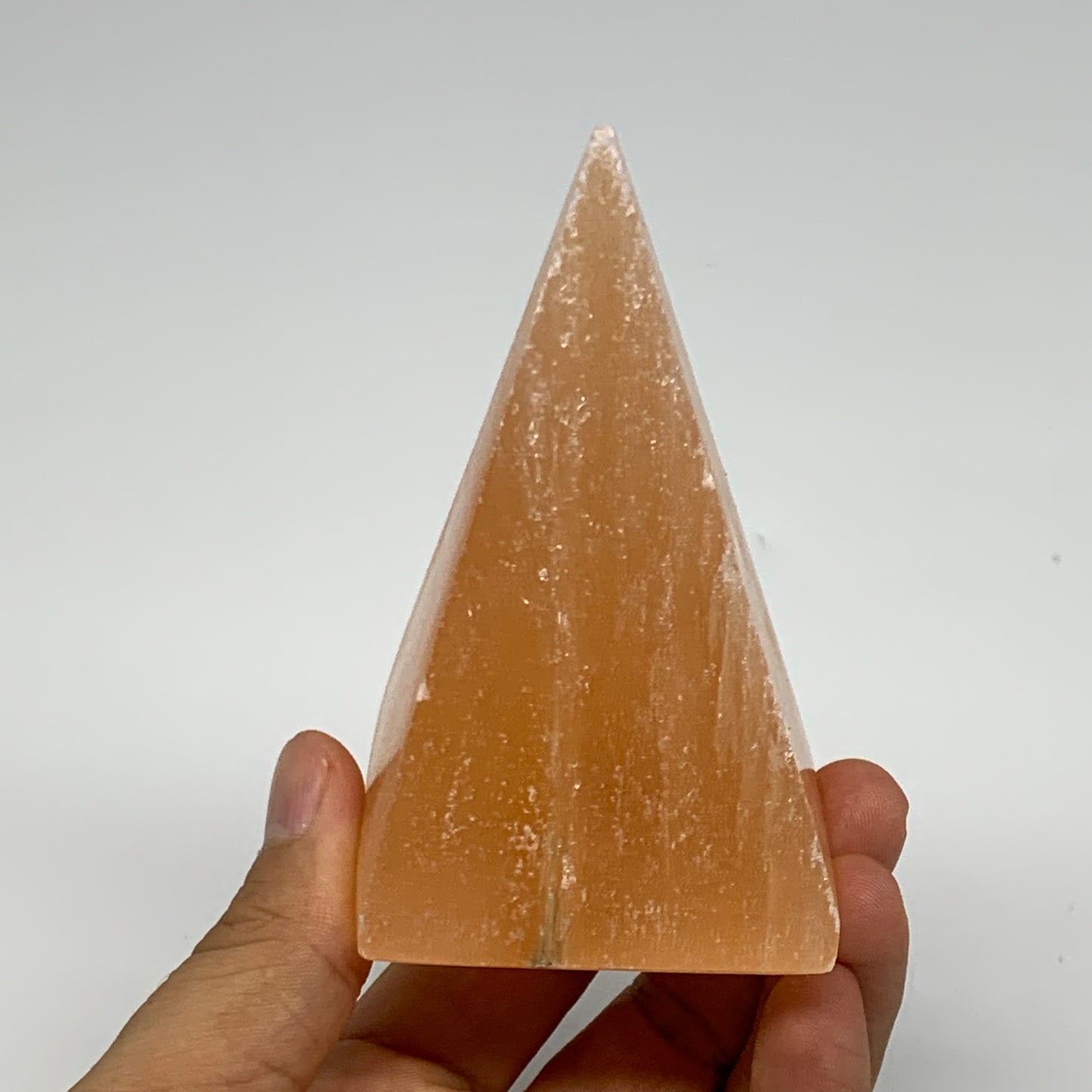 246g, 3.6"x2.2"  Orange Selenite/Satin Spar Pyramid Crystal @Morocco, B24224