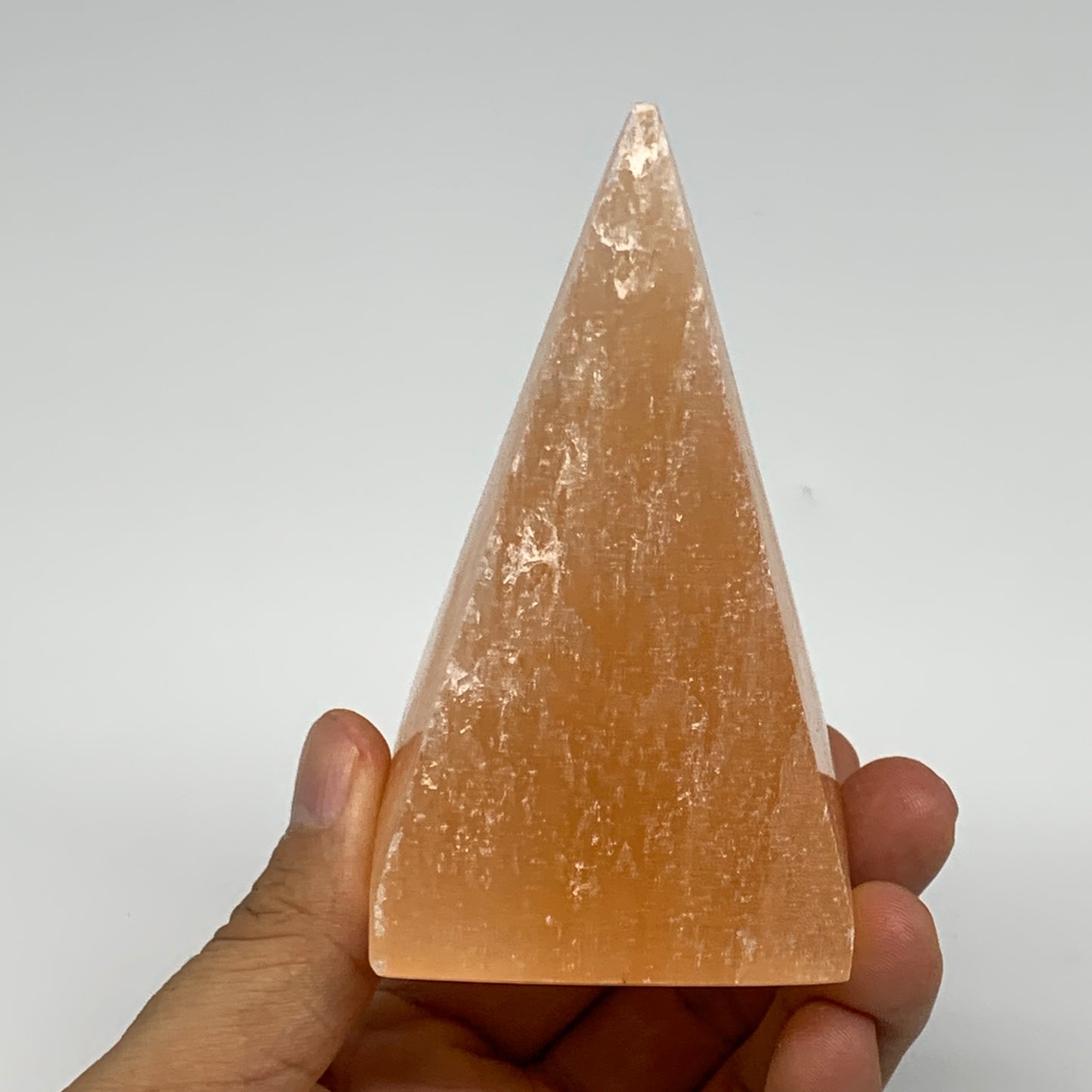 246g, 3.6"x2.2"  Orange Selenite/Satin Spar Pyramid Crystal @Morocco, B24224