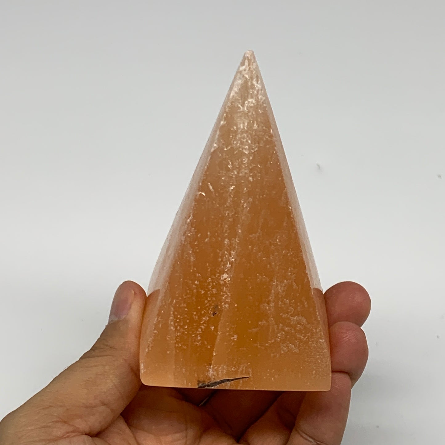 246g, 3.6"x2.2"  Orange Selenite/Satin Spar Pyramid Crystal @Morocco, B24224
