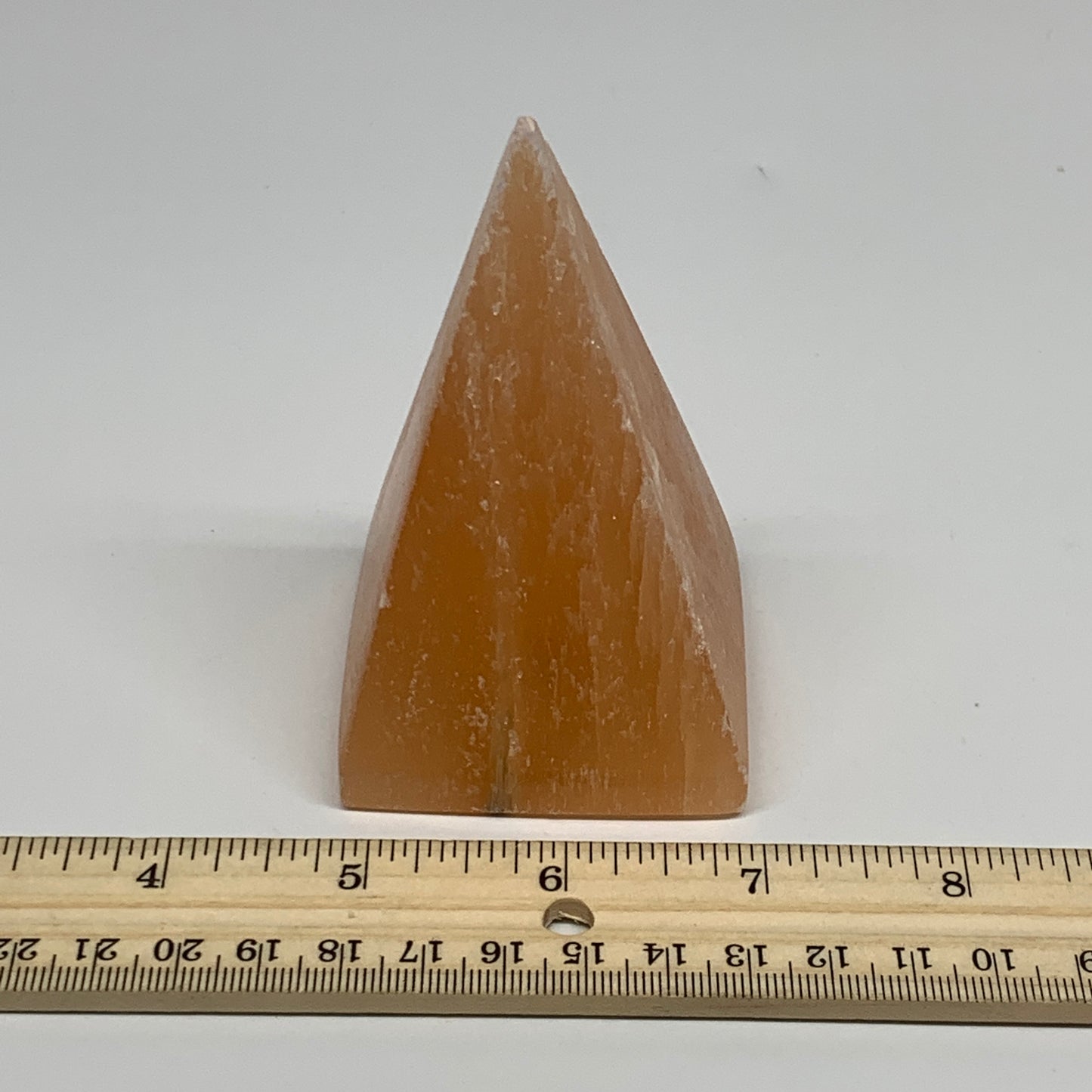 246g, 3.6"x2.2"  Orange Selenite/Satin Spar Pyramid Crystal @Morocco, B24224