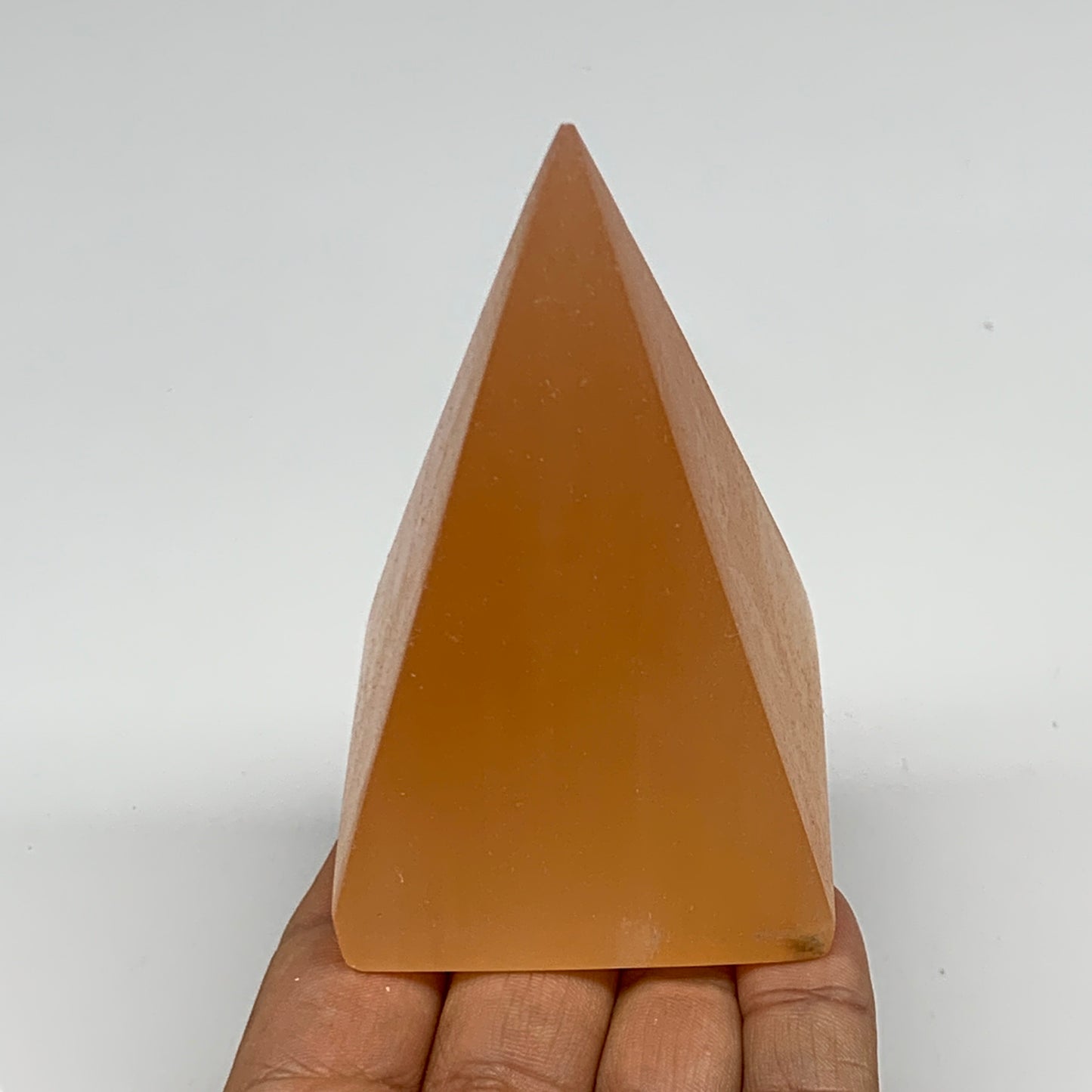 252g, 3.6"x2.2"  Orange Selenite/Satin Spar Pyramid Crystal @Morocco, B24228