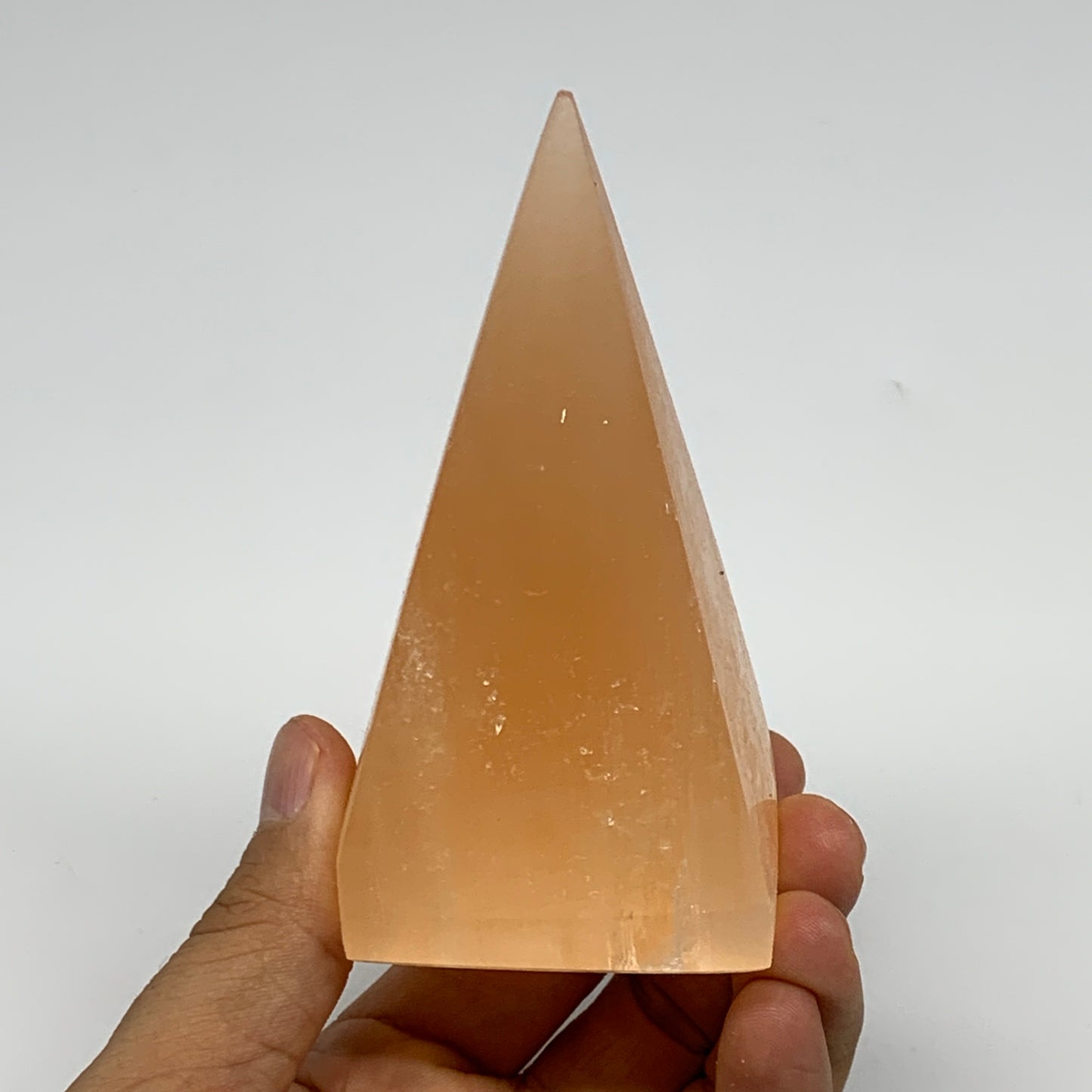 250g, 3.9"x2.1"  Orange Selenite/Satin Spar Pyramid Crystal @Morocco, B24233