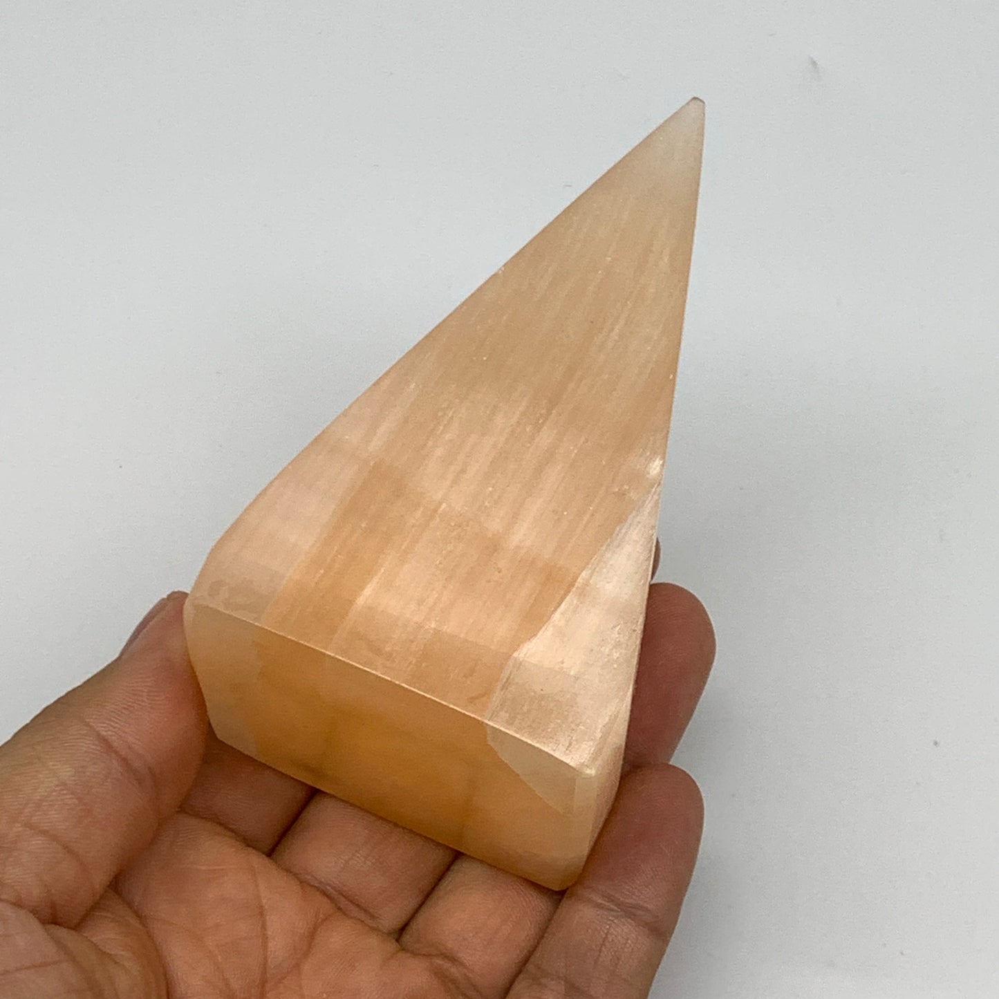 250g, 3.9"x2.1"  Orange Selenite/Satin Spar Pyramid Crystal @Morocco, B24233