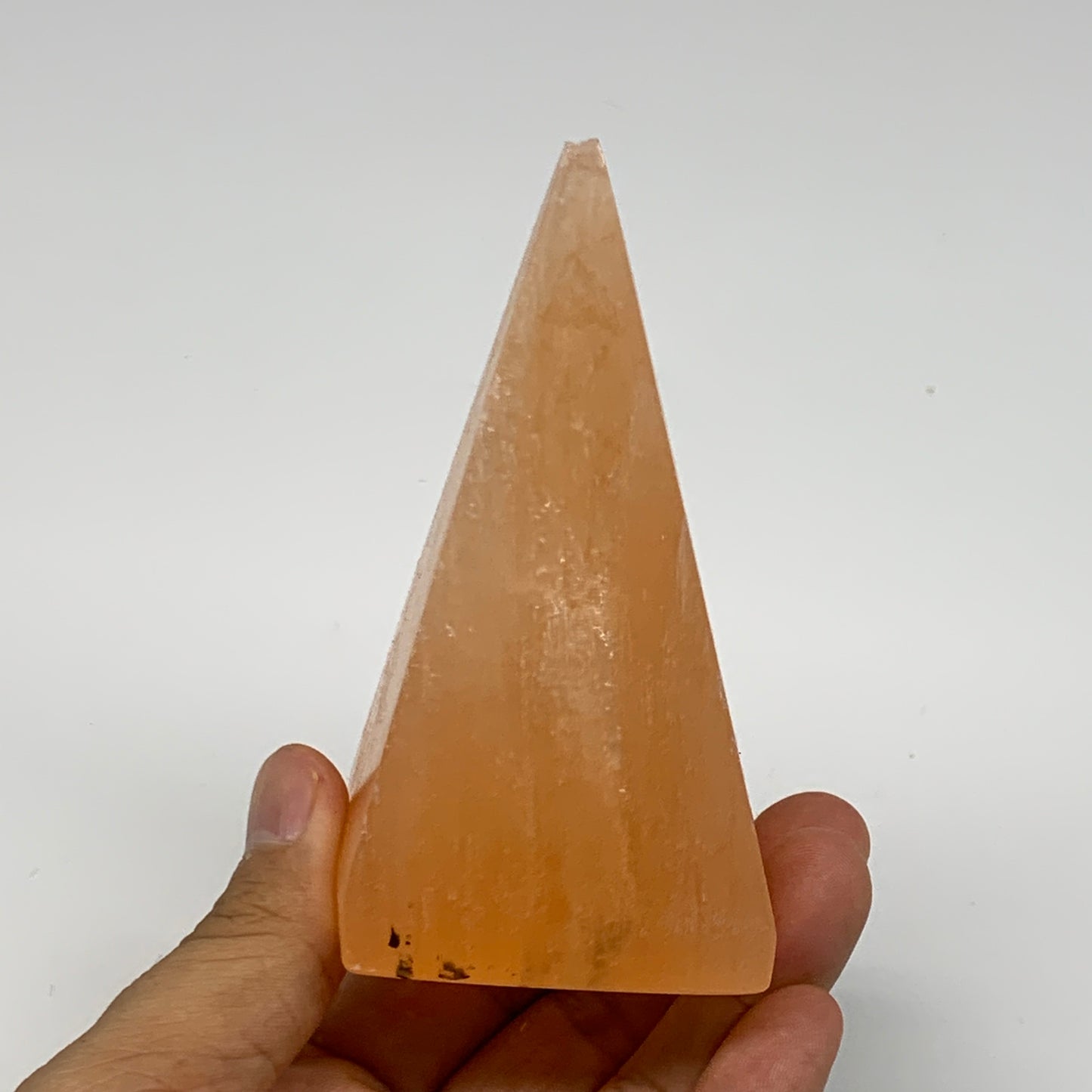 250g, 3.8"x2"  Orange Selenite/Satin Spar Pyramid Crystal @Morocco, B24237