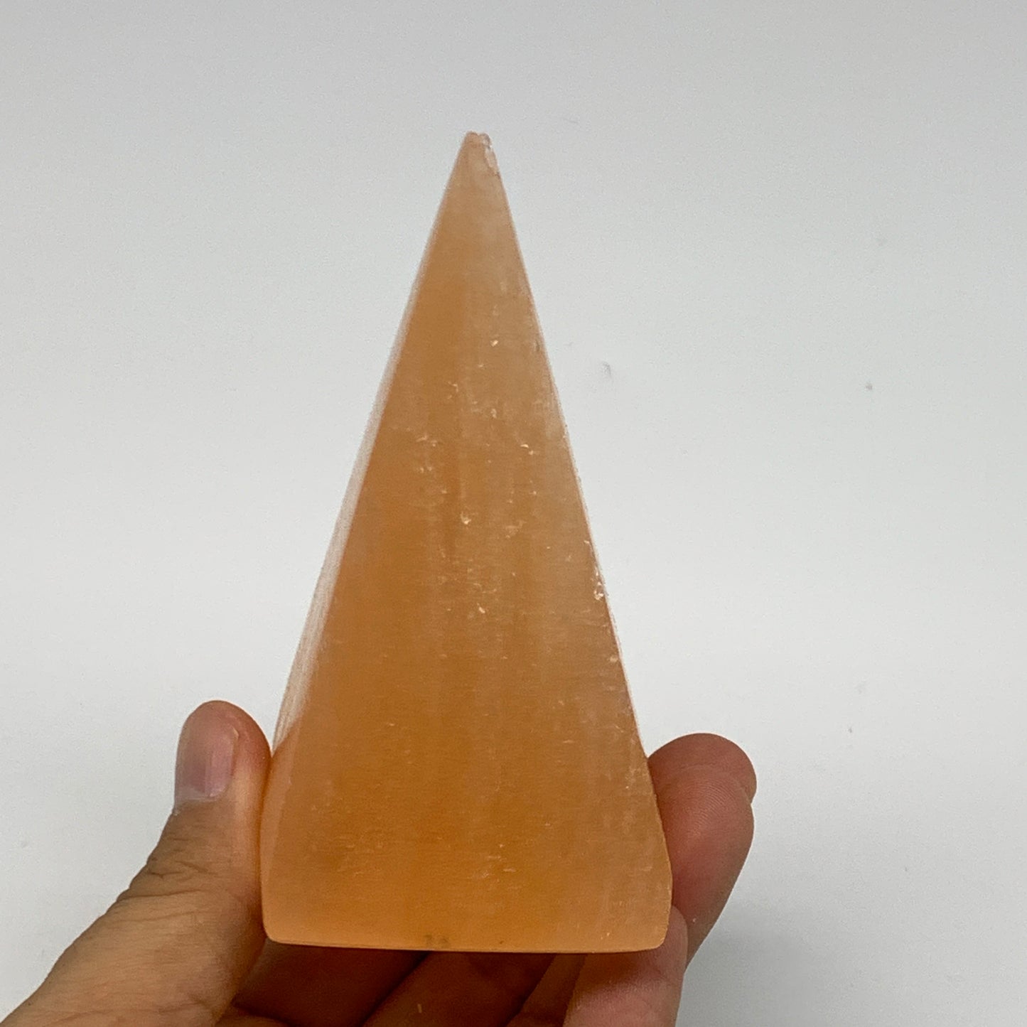 250g, 3.8"x2"  Orange Selenite/Satin Spar Pyramid Crystal @Morocco, B24237