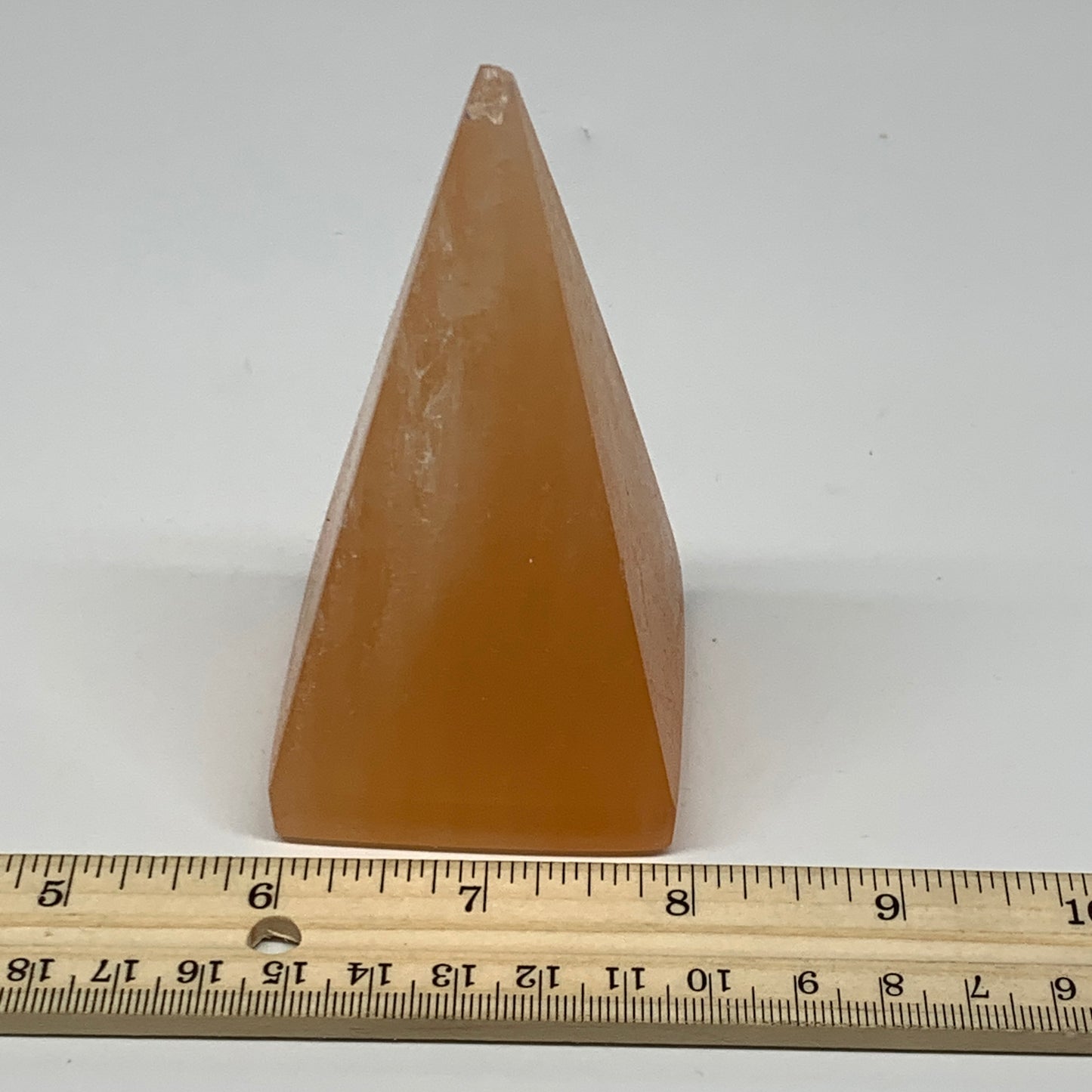 250g, 3.8"x2"  Orange Selenite/Satin Spar Pyramid Crystal @Morocco, B24237