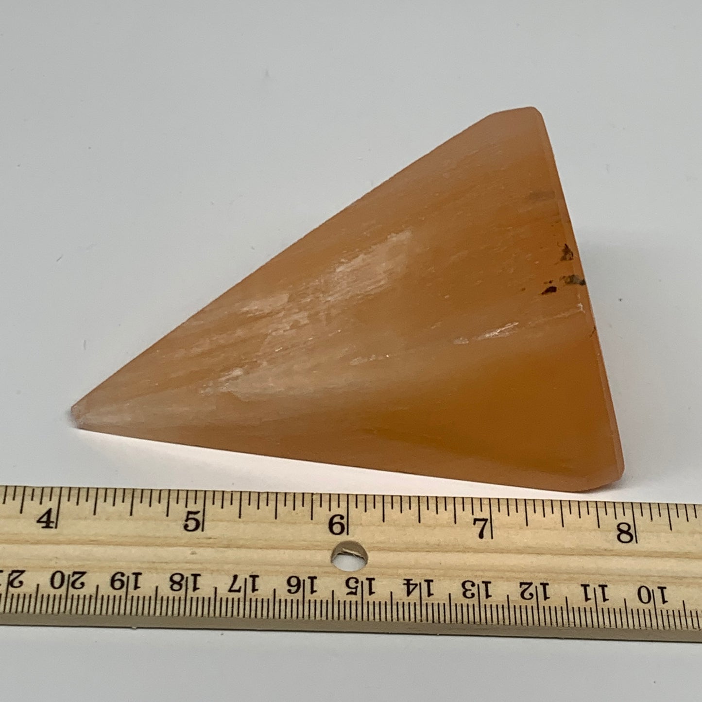 250g, 3.8"x2"  Orange Selenite/Satin Spar Pyramid Crystal @Morocco, B24237