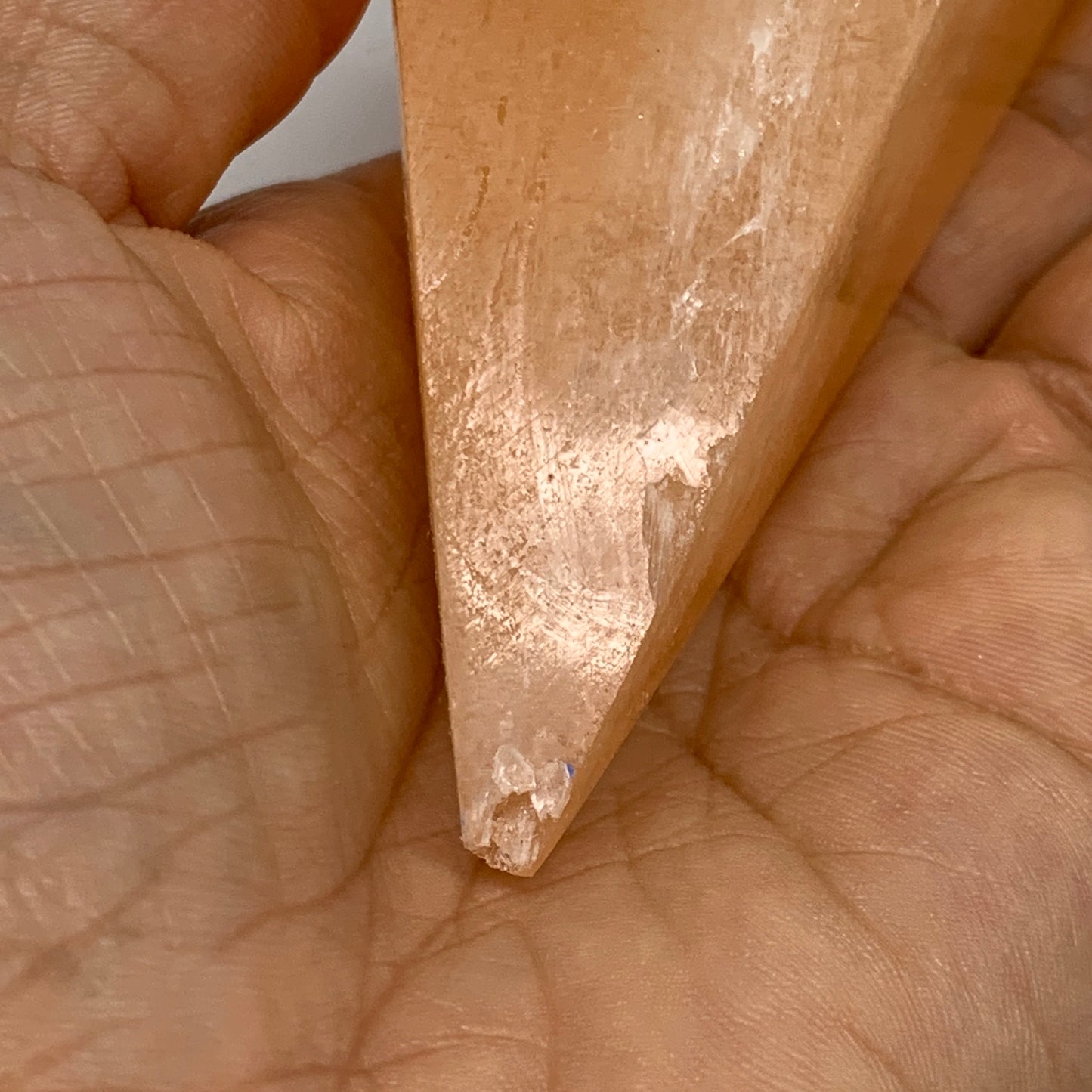 250g, 3.8"x2"  Orange Selenite/Satin Spar Pyramid Crystal @Morocco, B24237