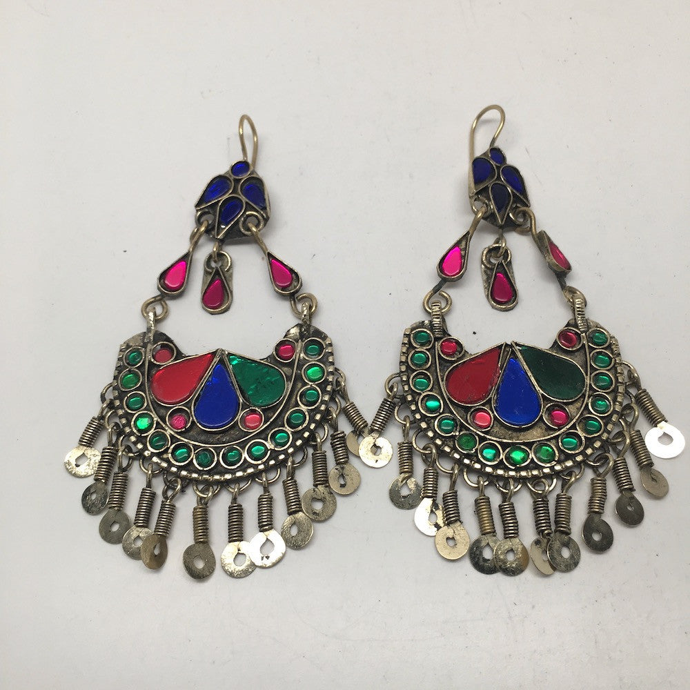 Afghan Kuchi Tribal Boho Chained Jingle Dangle Glass Multi-Color Earrings,KE46