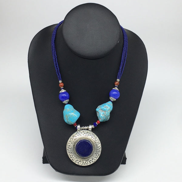 1pc, Turkmen Necklace Pendant Statement Tribal Round Shape Lapis Lazuli,TN790