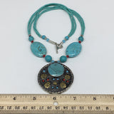 1pc, Turkmen Necklace Pendant Statement Tribal Round Blue Turquoise Inlay, TN806