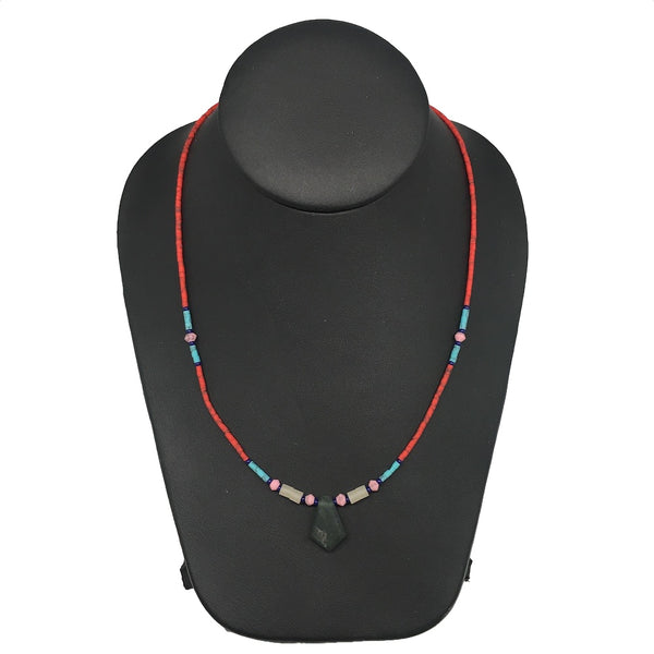 1 Necklace, Nephrite Jade & Red Coral Inlay Beaded Necklace Afghanistan, NPH116 - watangem.com