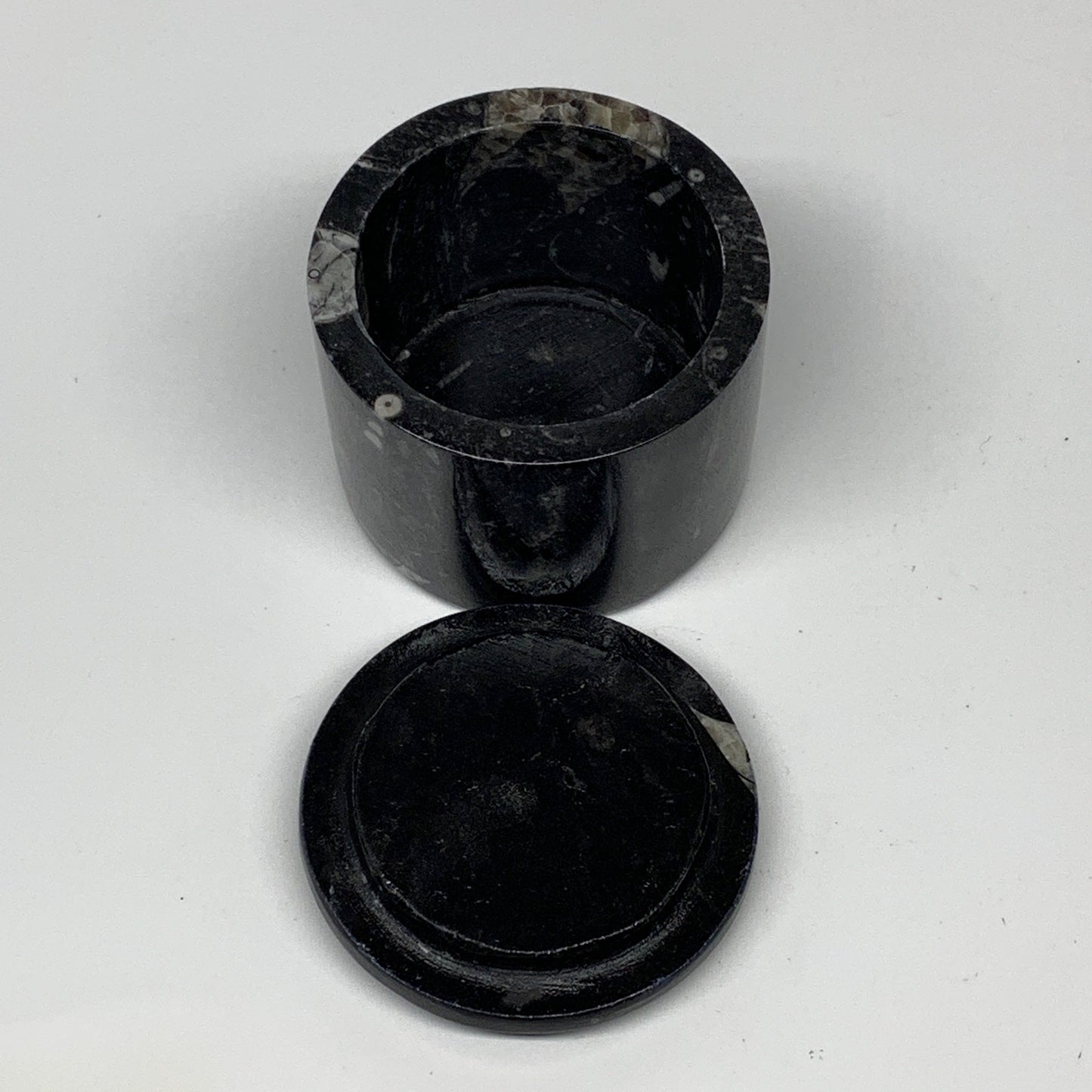 219.4g, 2.1"x2.4" Black Fossils Ammonite Orthoceras Jewelry Box @Morocco,F2569