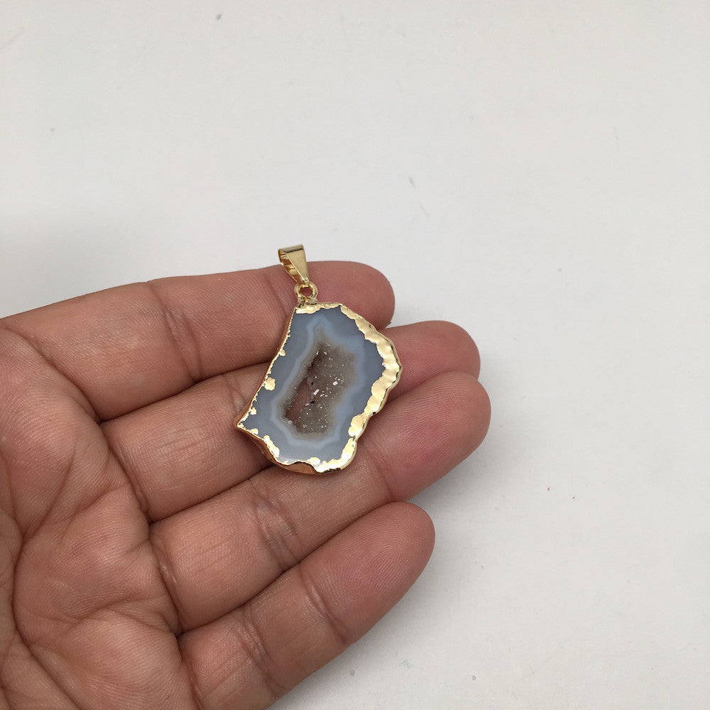 30.5 cts Agate Druzy Slice Geode Pendant Electroplated Gold Plated @Brazil, C914 - watangem.com