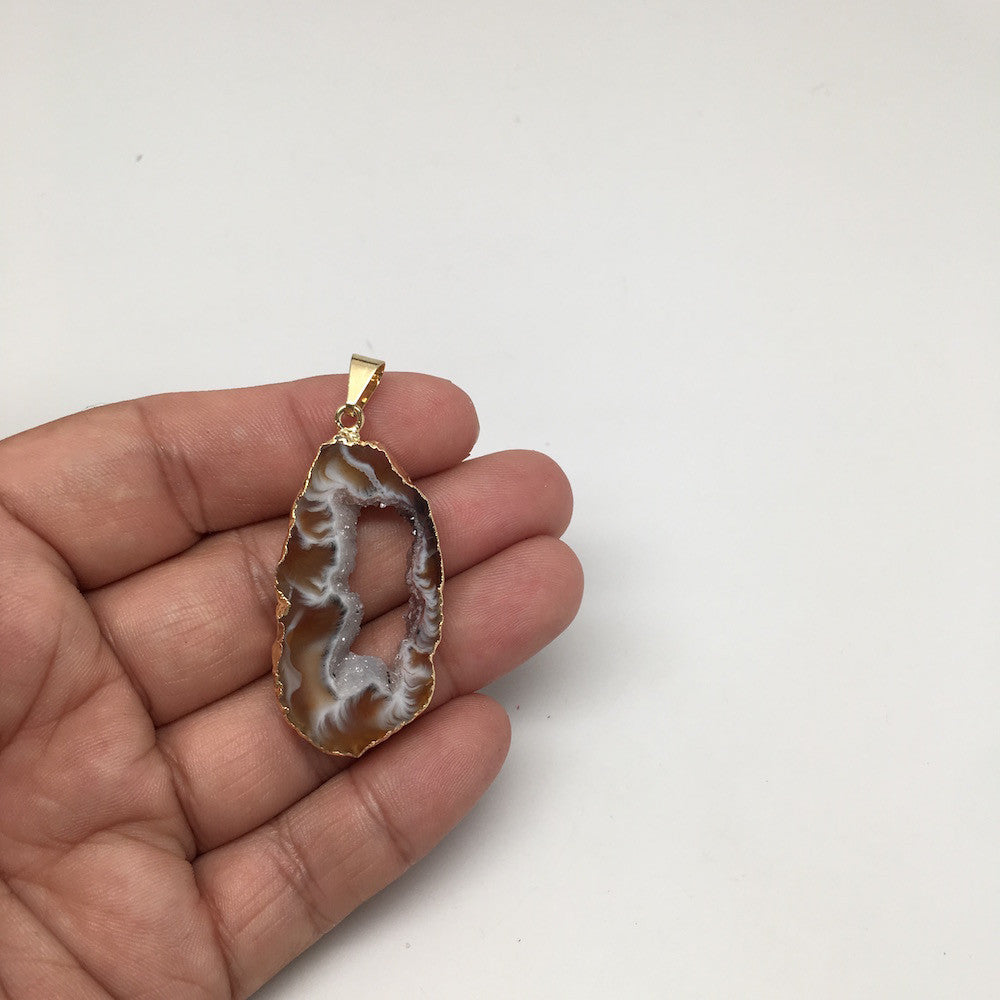 29 cts Agate Druzy Slice Geode Pendant Electroplated Gold Plated @Brazil, C919 - watangem.com