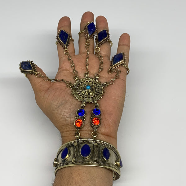 89.4g, 7.25" Tribal Turkmen Lapis Inlay 5 Finger Cuff Bracelet @Afghanistan, B13