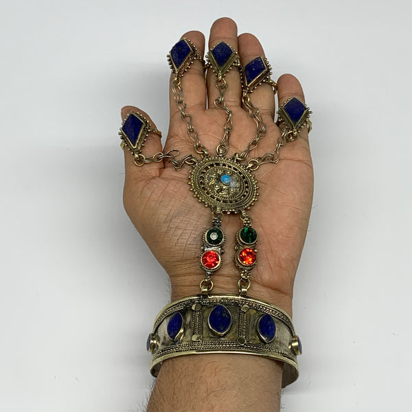 90.6g, 7.25" Tribal Turkmen Lapis Inlay 5 Finger Cuff Bracelet @Afghanistan, B13