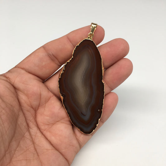 104 cts, 3.2"x1.3" Brown Agate Druzy Geode Pendant Gold Plated @Brazil, Bp1369 - watangem.com