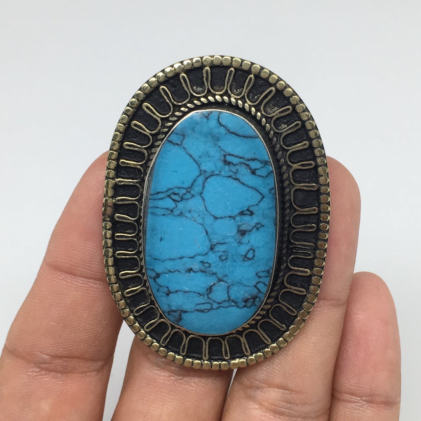 2.3"x1.6"x0.3" Blue Turquoise Inlay Ring Oval Shape, Turkmen Ring, 7.5, TR144