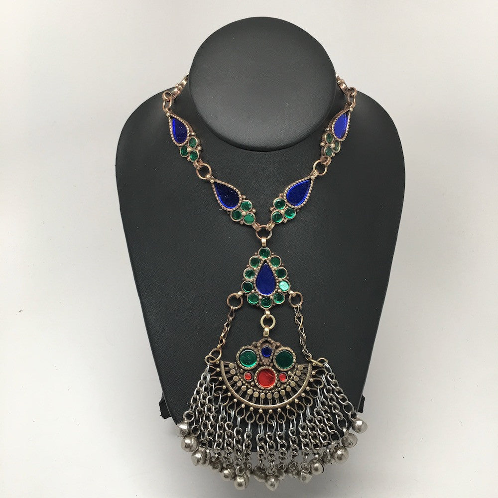 Handmade Afghan Tribal Kuchi Multi-Color Glass Bells Boho ATS Necklace, KN372 - watangem.com