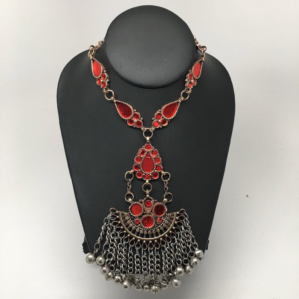 Handmade Afghan Tribal Kuchi Multi-Color Glass Bells Boho ATS Necklace, KN375