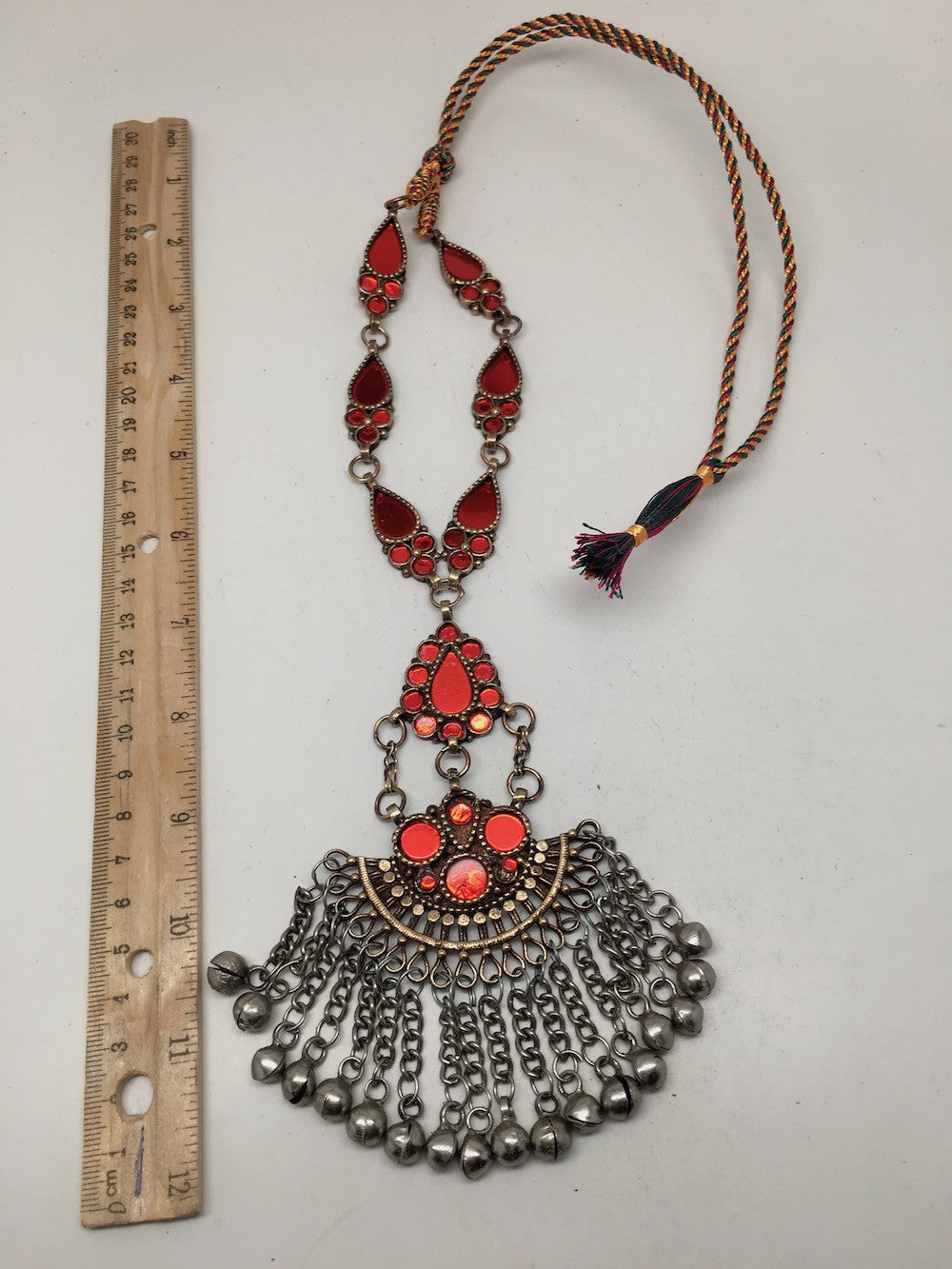 Handmade Afghan Tribal Kuchi Multi-Color Glass Bells Boho ATS Necklace, KN375
