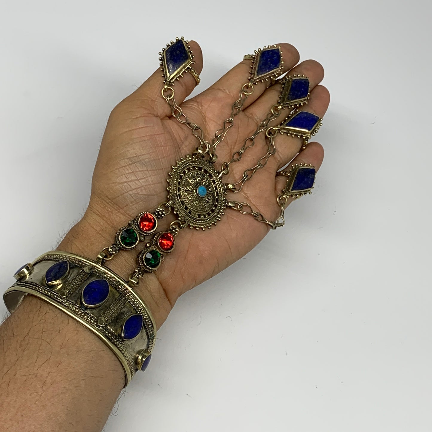 92.1g, 7.25" Tribal Turkmen Lapis Inlay 5 Finger Cuff Bracelet @Afghanistan, B13