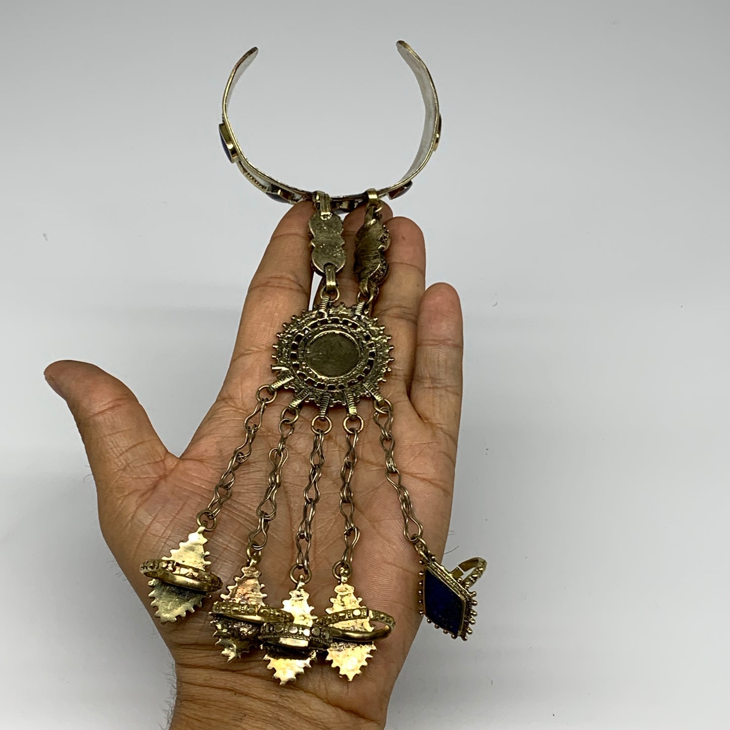92.1g, 7.25" Tribal Turkmen Lapis Inlay 5 Finger Cuff Bracelet @Afghanistan, B13