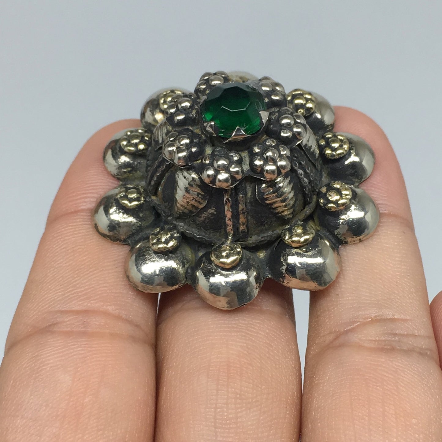 1.6"Antique Tribal Turk/Kuchi Ring Round Green Boho Glass/Plastic,8-9.5,TR196