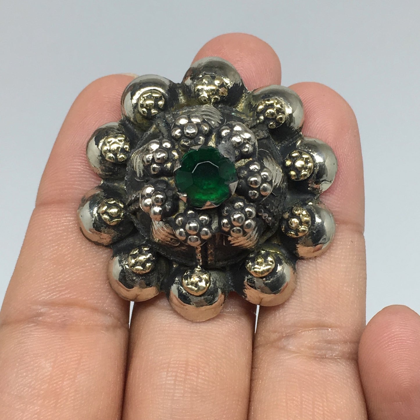 1.6"Antique Tribal Turk/Kuchi Ring Round Green Boho Glass/Plastic,8-9.5,TR196