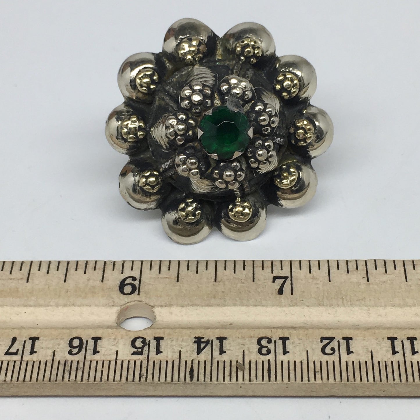 1.6"Antique Tribal Turk/Kuchi Ring Round Green Boho Glass/Plastic,8-9.5,TR196