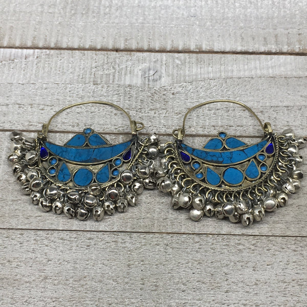2.8"x2.5", Turkmen Earrings Tribal Statement Boho Bib Hoop Fashion Bells, KE215