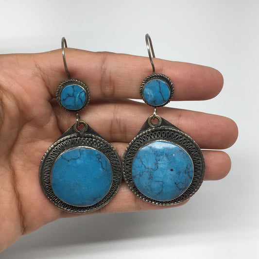 Turkmen Earrings Tribal Statement Boho Bib Blue Round Fashion Earring, KE229